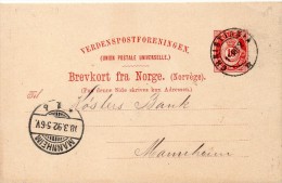NORVEGE ENTIER POSTAL POUR L'ALLEMAGNE 1892 - Postwaardestukken