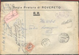 ITALIA - STORIA POSTALE RACCOMANDATA  - SEGNATASSE 60 C BRUNO - R. PRETURA  ROVERETO / TRENTO  To Cles - 1926 - Taxe