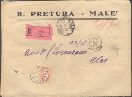 ITALIA - STORIA POSTALE RACCOMANDATA  - SEGNATASSE 50 C OCRA - R. PRETURA MALE / TRENTO  To Cles - 1928 - Taxe
