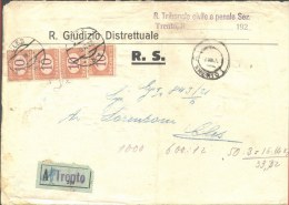 ITALIA - STORIA POSTALE RACCOMANDATA  - SEGNATASSE 10 C ARANCIO STRISCE 3x - R. TRIBUNALE CIVIL TRENTO  To Cles - 1922 - Taxe