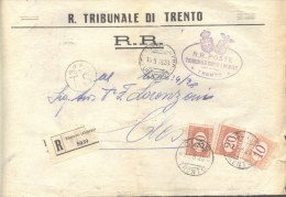 ITALIA - STORIA POSTALE RACCOMANDATA  - SEGNATASSE 2x20 C ARANCIO+10c OCRA  - R. TRIBUNALE  TRENTO  To Cles - 1928 - Taxe