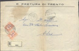 ITALIA - STORIA POSTALE RACCOMANDATA  - SEGNATASSE 10 C ARANCIO+50c OCRA  - R. PRETURA  TRENTO  To Cles - 1925 - Taxe