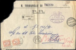 ITALIA - STORIA POSTALE RACCOMANDATA  - SEGNATASSE 20+30 C ARANCIO  - R. TRIBUNALE TRENTO  To Cles - 1928 - Taxe