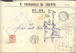 ITALIA - STORIA POSTALE RACCOMANDATA  - SEGNATASSE 50 C ARANCIO  - R. TRIBUNALE TRENTO  To Cles - 1928 - Taxe