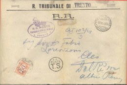 ITALIA - STORIA POSTALE RACCOMANDATA  - SEGNATASSE 50 C ARANCIO  - R. TRIBUNALE TRENTO  To Cles - 1928 - Taxe