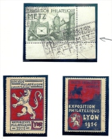 LOT DE 3 VIGNETTES DE FRANCE- EXPOSITION PHILATÉLIQUE- METZ 1938 OBLITÉRÉ COIN DE FEUILLE + FLAMME-  LYON 1914 - Expositions Philatéliques