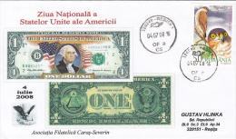 2320FM- USA INDEPENDENCE DAY, 4TH OF JULY, GEORGE WASHINGTON ON DOLLAR BILL, SPECIAL COVER, HAWK STAMP, 2009, ROMANIA - Lettres & Documents