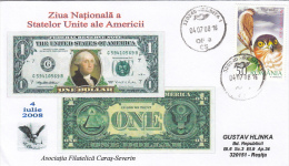 2321FM- USA INDEPENDENCE DAY, 4TH OF JULY, GEORGE WASHINGTON ON DOLLAR BILL, SPECIAL COVER, HAWK STAMP, 2008, ROMANIA - Storia Postale