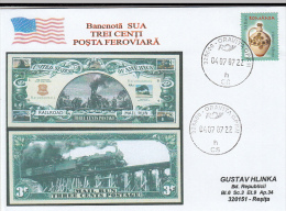 21886- USA INDEPENDENCE DAY, 4TH OF JULY, TRAIN OLD DOLLAR BILLS, SPECIAL COVER, CERAMICS STAMP, 2007, ROMANIA - Storia Postale