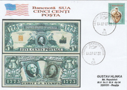 21885- USA INDEPENDENCE DAY, 4TH OF JULY, OLD DOLLAR BILLS, SPECIAL COVER, CERAMICS STAMP, 2007, ROMANIA - Storia Postale