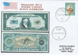 21888- USA INDEPENDENCE DAY, 4TH OF JULY, PONY EXPRESS OLD DOLLAR BILLS, SPECIAL COVER, CERAMICS STAMP, 2007, ROMANIA - Storia Postale