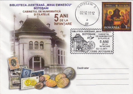 21894- BOTOSANI COUNTY LIBRARY, COINS, STAMPS, SPECIAL COVER, 2011, ROMANIA - Covers & Documents