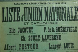 87 - AFFICHE ELECTIONS LEGISLATIVES 1924- JAQUET-GUERIVIERE LE DORAT-PESTOUR MAGNAC BOURG-SOURY LAVERGNE ROCHECHOUART- - Posters