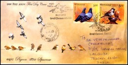 India, 2010, BIRDs, PIGEON & SPARROW, Transmitted First Day Cover, Bird, Fauna, Nature, Sparrow, Pigeon. - Mussen
