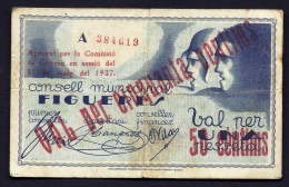 BILLET D'ESPAGNE- CONSEIL MUNICIPAL DE FIGUERES- SURCHARGE ROUGE  RECTO VERSO- 50 CTS 1937- - Altri & Non Classificati