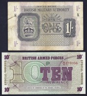 BILLET GRANDE BRETAGNE MILITARY AUTORITY- 1 SHILLING  USAGÉ + FORCES SPECIALES 10 PENCE NEUF- 2 SCANS - Autoridad Militar Británica