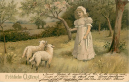 Illustrateurs - Illustrateur A Identifier - Enfants - Fillette - Moutons - Brebis - Fröhliche Ostern - Pâques - état - 1900-1949