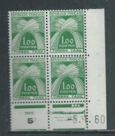 France Timbres-Taxe N° 94 X  : 1 F. En Bloc De 4 Coin Daté Du 5 . 1 . 60 . 3 Points Blancs, Trace Charnière Sinon TB - Taxe