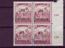 HARVESTERS-3 F-OVERPRINT-1919-BARANYA-BLOCK OF FOUR-ERROR-YUGOSLAVIA-SERBIA-HUNGARY-1919 - Baranya