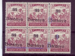 HARVESTERS-3 F-MISPLACED OVERPRINT-BARANYA-ERROR-BLOCK OF SIX-VARIETY-YUGOSLAVIA-SERBIA-HUNGARY-1919 - Baranya