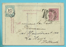 CARTE-LETTRE / KAARTBRIEF Met Stempel BRUXELLES Naar La Haye (Nederland), Getaxeerd Met Strafportzegel 10c - Cartes-lettres