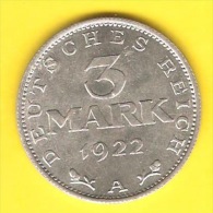 GERMANY   3 MARK  1922 A  (KM # 29) - 3 Marcos & 3 Reichsmark