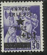 OCCUPAZIONE JUGOSLAVIA IUGOSLAVIA DI TRIESTE 1945 SOPRASTAMPATO D´ITALIA ITALY 1 LIRA SU 50 CENT. USATO USED - Joegoslavische Bez.: Trieste