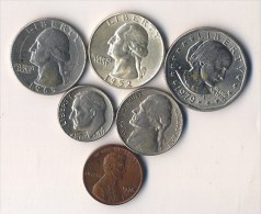 Lot De 6 Pièces De 0ne Cent, Quarter Dollar, One Dollard, One Dime, Five Cents - 1932-1998: Washington