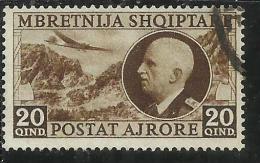 ALBANIA 1939 POSTA AEREA AIR MAIL RE VITTORIO EMANUELE III KING 20 Q USATO USED OBLITERE´ - Albanie