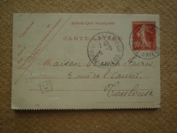 Entier Postal Carte-lettre Type Semeuse De Tarascon Sur Ariège Pour Toulouse Boîte Urbaine Dateur Non Venu - Letter Cards