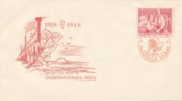 Czechoslovakia / First Day Cover (1948/07 A) Praha 1 (b): 30 Years Czechoslovakia (family, Mountain Rip, Mining Tower... - WW1