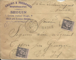 1898 - SAGE N/U - ENVELOPPE CHARGEE De BORDEAUX - 1876-1898 Sage (Type II)