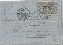 1878 - SARTHE - PAIRE 15c SAGE N/U - LETTRE De LE MANS Pour ORANGE - 1876-1898 Sage (Type II)