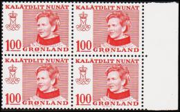 1977. Queen Margrethe. 100 Øre Red. Normal Paper 4-Block. (Michel: 101x) - JF175141 - Gebruikt