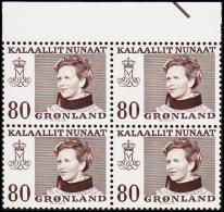 1979. Queen Margrethe. 80 Øre Brown 4-Block. G 035. (Michel: 112) - JF175168 - Used Stamps