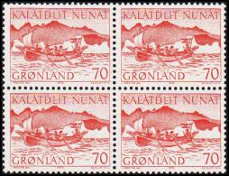 1972. Mail Boat.  70 Øre Red 4-Block. (Michel: 82) - JF175079 - Used Stamps