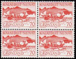 1972. Mail Boat.  70 Øre Red 4-Block. (Michel: 82) - JF175080 - Used Stamps