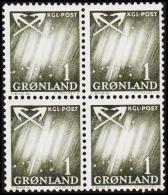 1963. Northern Light. 1 Øre 4-Block. (Michel: 47) - JF175012 - Used Stamps