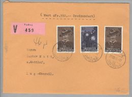 Liechtenstein 1957-12-28 Vaduz Wertbrief 46gr. Nach Oberwil ZG 20+10+20Rp. Pfadfinder - Covers & Documents