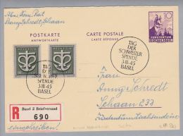 Liechtenstein 1945-03-03 Antwort FL-Ganzsache Mit CH-Zusatzfrank.+Sonder-O - Enteros Postales