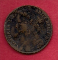 UK, 1880,  Fine Used Coin, 1 Penny, Younger Victoria, Bronze,  KM 790, C2802 - D. 1 Penny