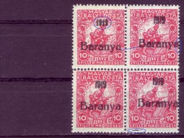 SOLDIER-10 FILL-OVERPRINT-BARANYA-BLOCK OF FOUR-ERROR-RARE-HUNGARY-SERBIA-YUGOSLAVIA-1919 - Ungebraucht