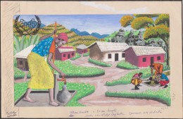 Rwanda 1987 COB 1315. Dessin Original Adopté. Année Internationale Du Volontariat. Village Rwandais. Eau Robinet, Tronc - Agriculture