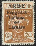 ARBE 1920 REGGENZA ITALIANA DEL CARNARO CENT. 20 C USATO USED OBLITERE´ - Arbe & Veglia