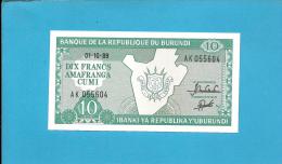 BURUNDI - 10 FRANCS - 01/10/1989 - Pick 33.b - UNC. - Série AK - Map And Arms - 2 Scans - Burundi