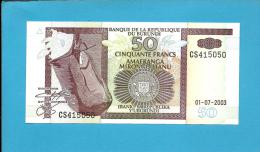 BURUNDI - 50 FRANCS - 01/07/2003 - Pick 36.d - UNC. - Série CS - Canoe / Hippopotamus - 2 Scans - Burundi