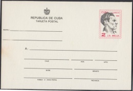 1980-EP-34 CUBA 1980. Ed.127. POSTAL STATIONERY. TARJETA POSTAL. JULIO ANTONIO MELLA. ERROR DE DESPLAZAMIENTO. UNUSED. - Briefe U. Dokumente