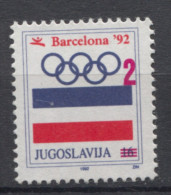 Yugoslavia 1992, Olympic Games Barcelona 1992, Spain, Olympic Rings, Flag, Charity Stamp, Additional Stamp 2d MNH - Liefdadigheid