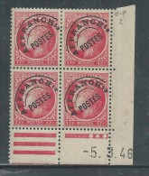 France Préoblitéré N° 90 X  Type Mazelin 1 F. En Bloc De 4 Coin Daté Du 5 . 3 . 46 ;  3 Points Blancs,  Tr Ch. Sinon TB - Préoblitérés