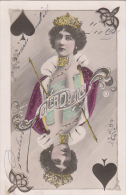 CPA PLAYING CARDS, QUEEN OF SPADE, YOUNG WOMAN, VINTAGE CLOTHES - Cartas